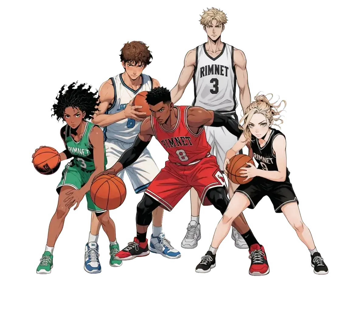 Five illustrated RIMNET players in team jerseys