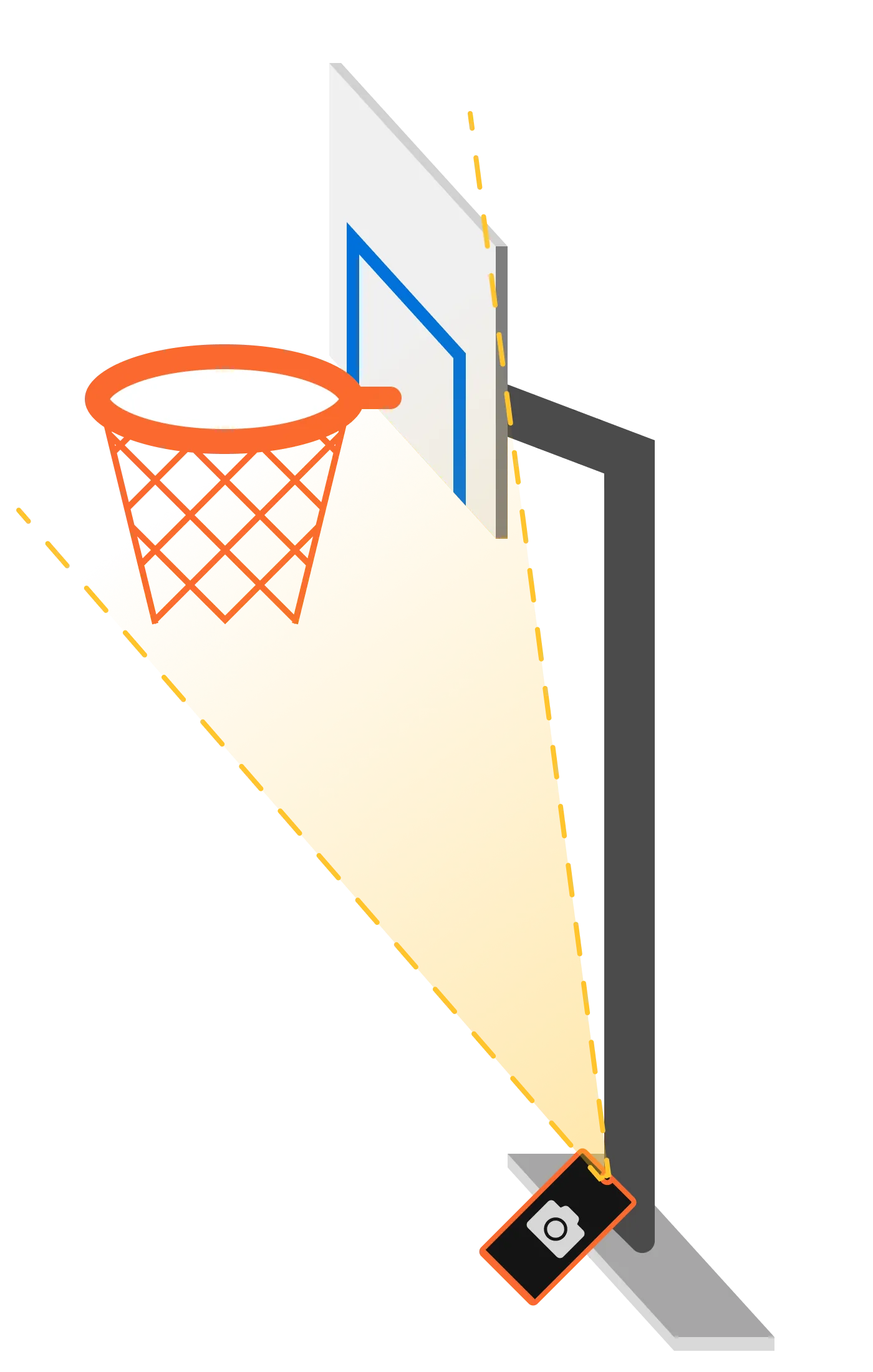 Phone placed on ground at basketball base with camera aimed at rim